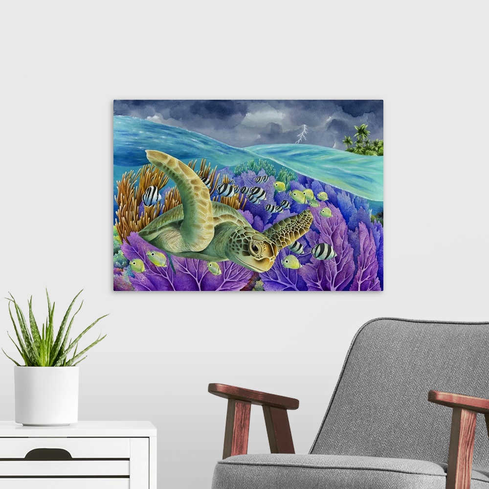 A modern room featuring Whimsy watercolor painting of a sea turtle surrounded by tropical fish in the reefs, while overhe...