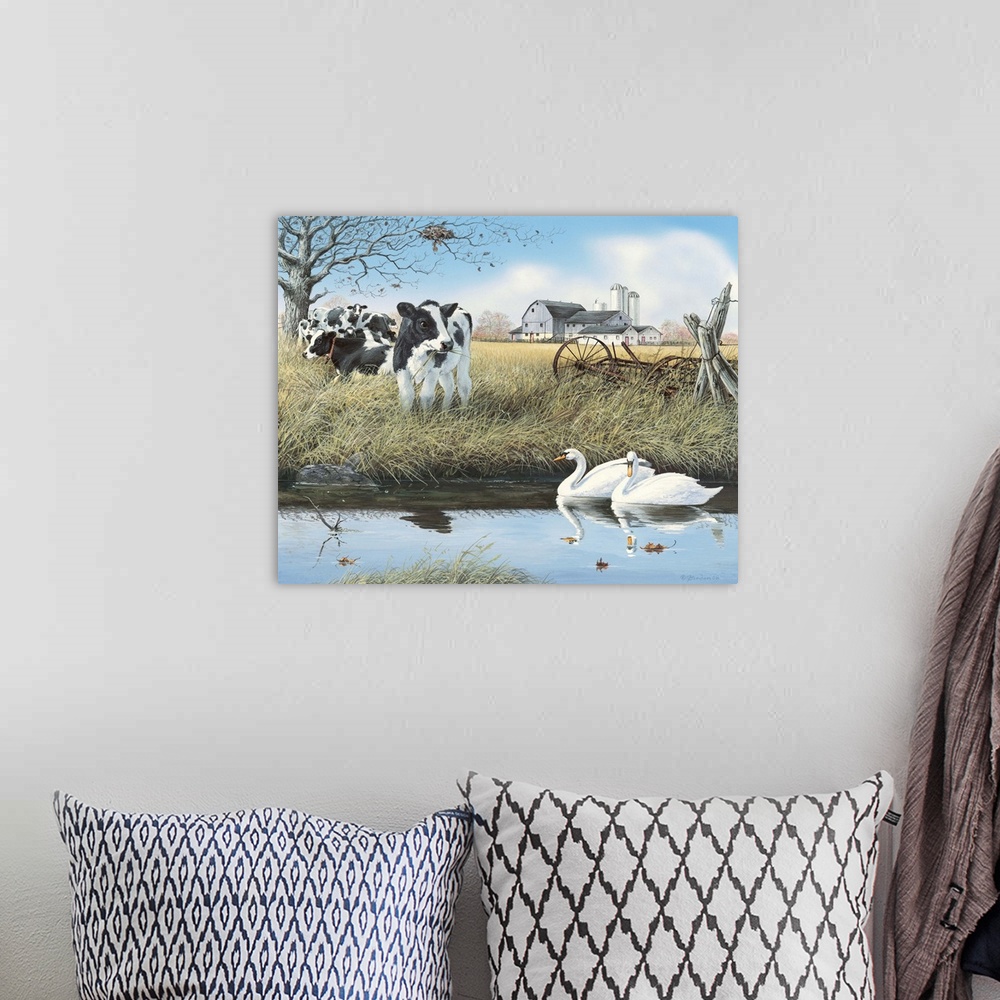 A bohemian room featuring Contemporary painting of a young cow grazing on grass while swans stroll by on a stream.
