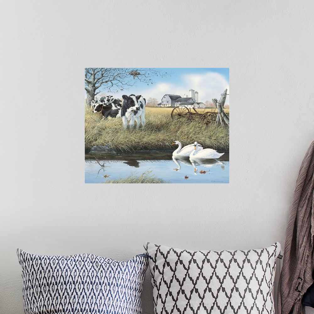A bohemian room featuring Contemporary painting of a young cow grazing on grass while swans stroll by on a stream.