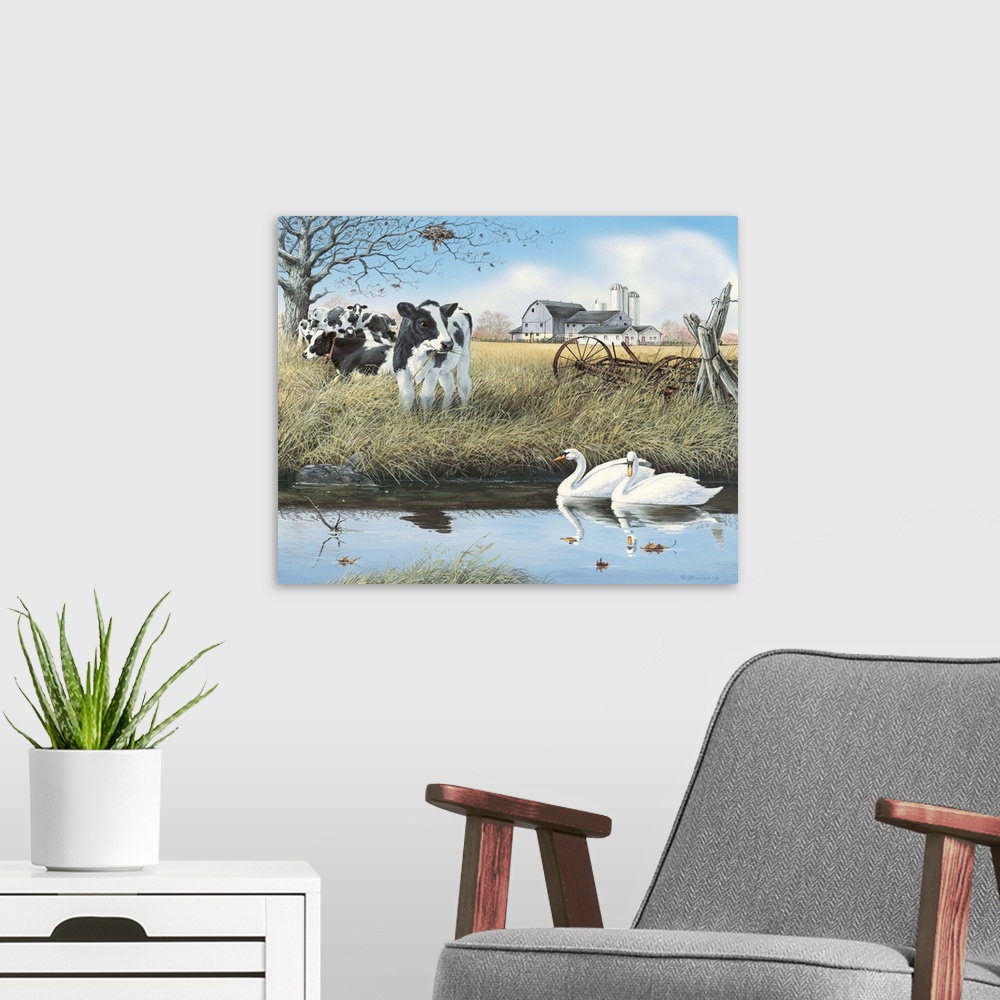 A modern room featuring Contemporary painting of a young cow grazing on grass while swans stroll by on a stream.