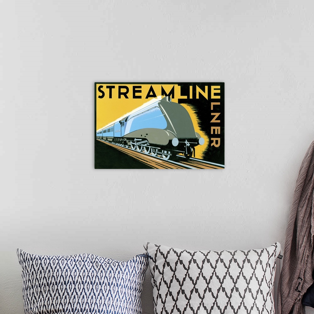 A bohemian room featuring Contemporary artwork of a retro minimalist travel poster.