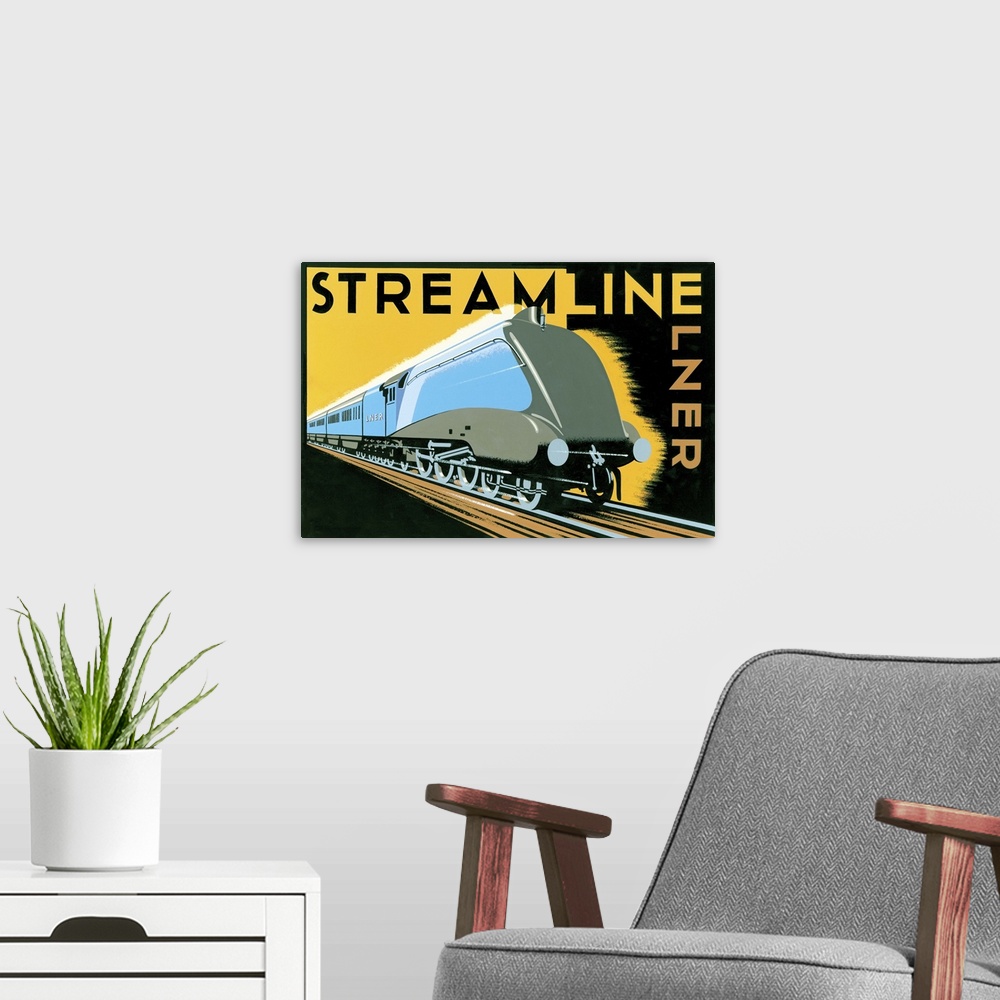 A modern room featuring Contemporary artwork of a retro minimalist travel poster.