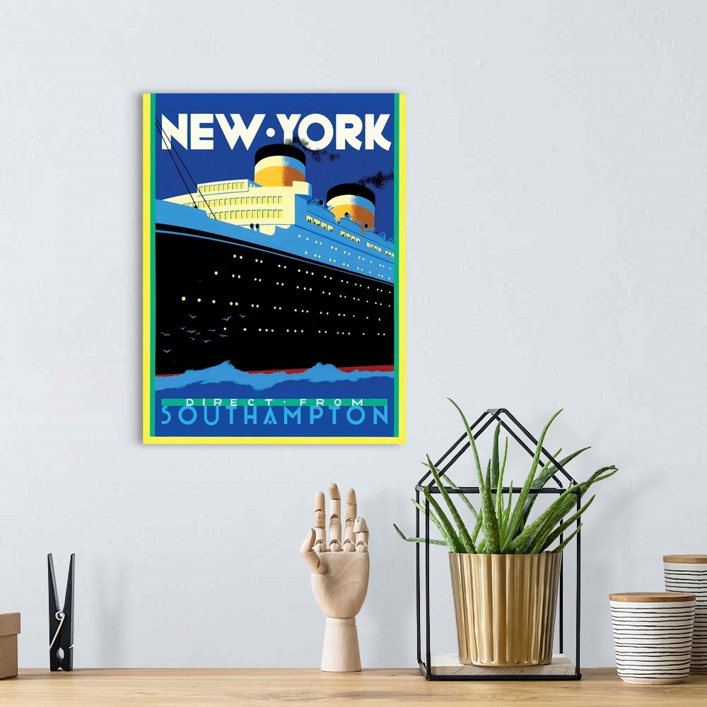 A bohemian room featuring Contemporary retro stylized travel poster for ship transportation to New York.