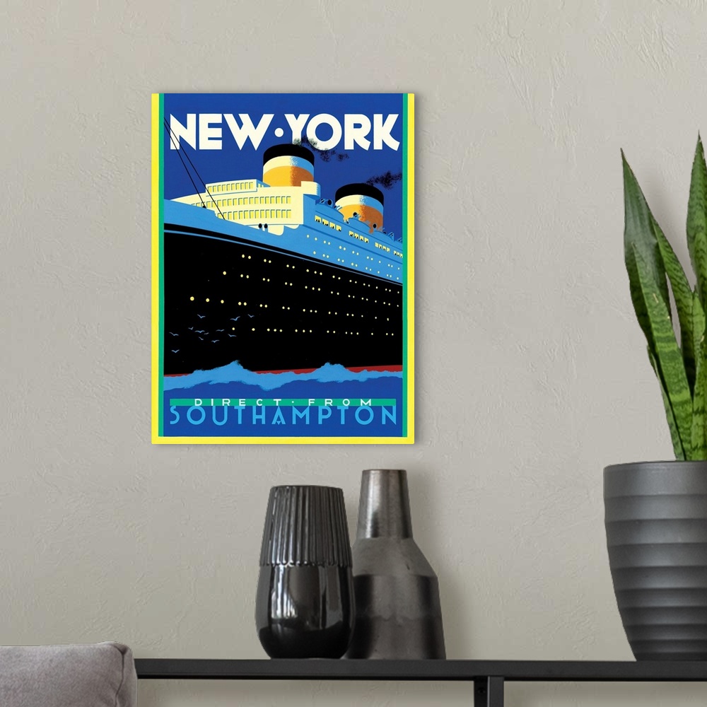 A modern room featuring Contemporary retro stylized travel poster for ship transportation to New York.