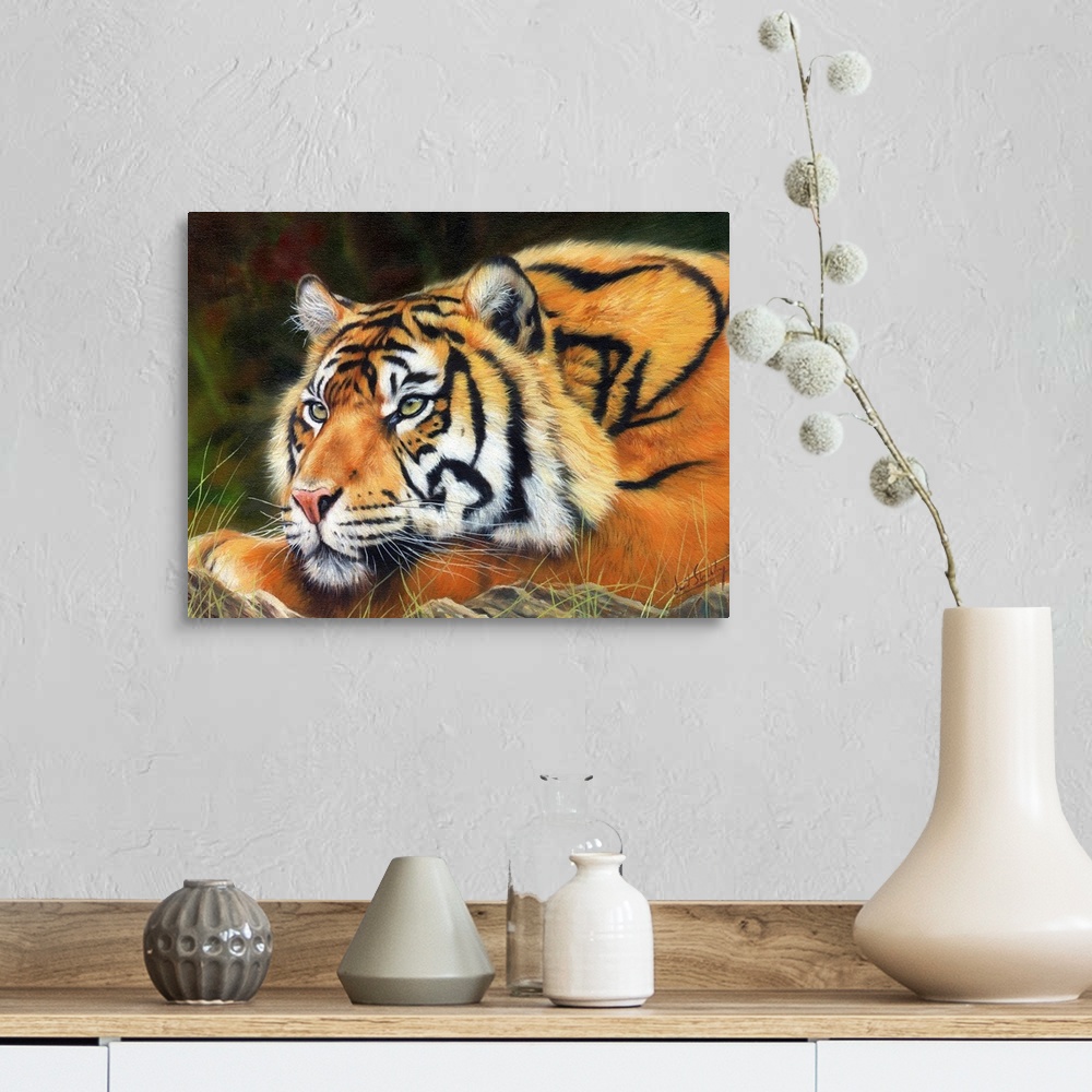 A farmhouse room featuring Contemporary painting of a Sumatran tiger laying peacefully on the ground.