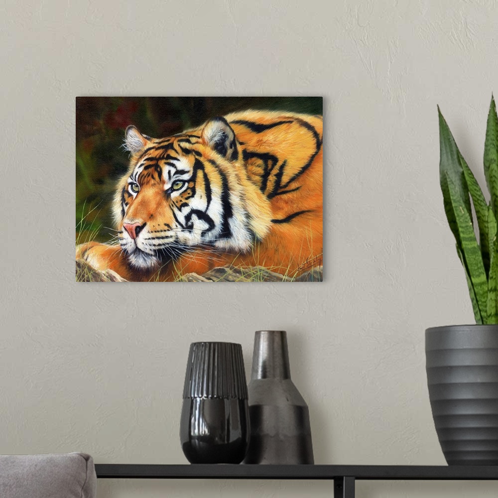 A modern room featuring Contemporary painting of a Sumatran tiger laying peacefully on the ground.