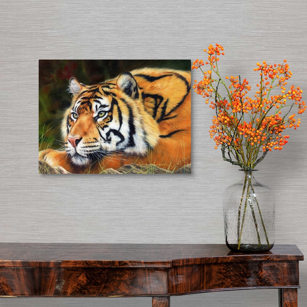 A traditional room featuring Contemporary painting of a Sumatran tiger laying peacefully on the ground.