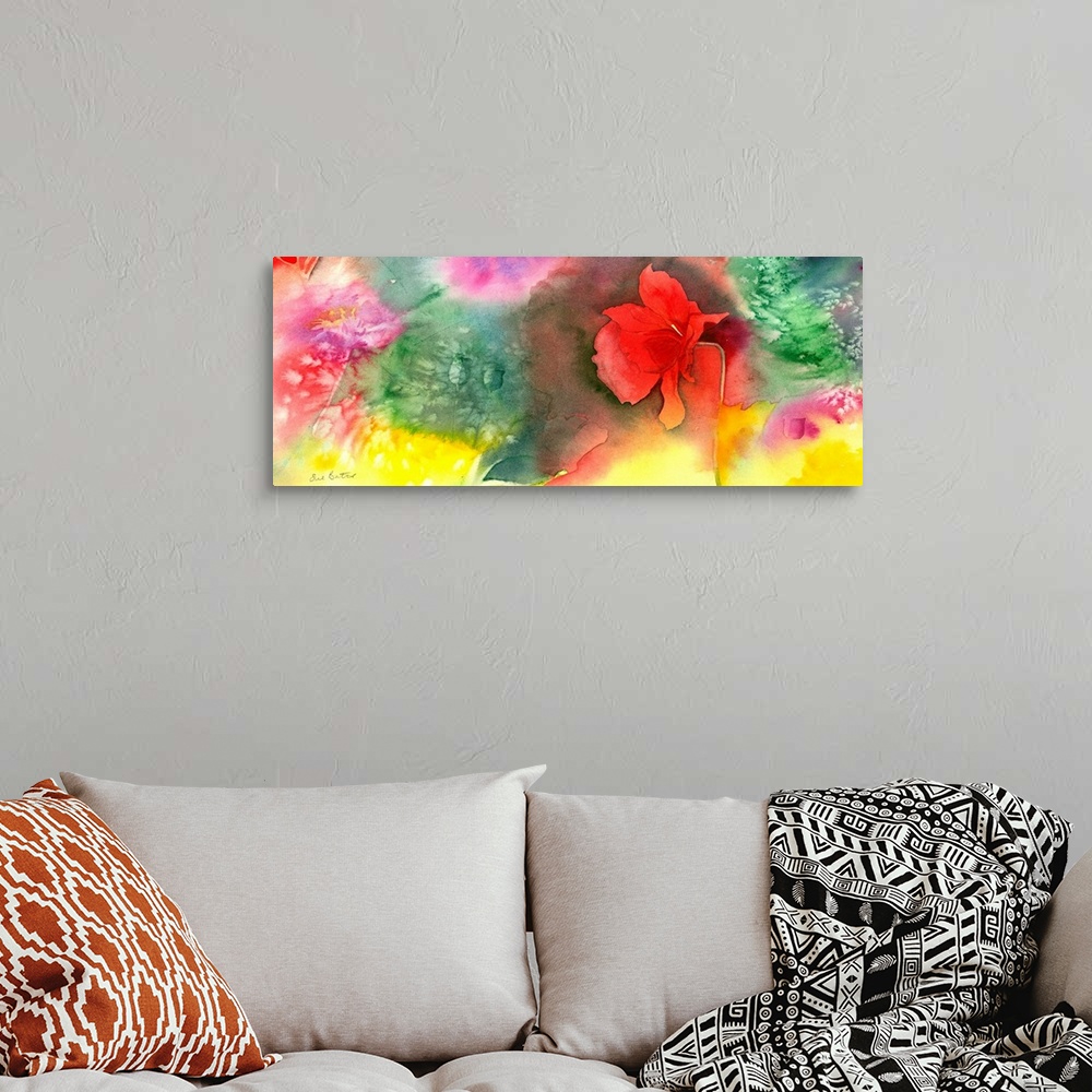 A bohemian room featuring Contemporary watercolor painting of brightly colored flowers.