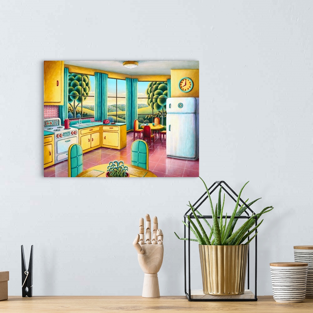 A bohemian room featuring Contemporary painting using vibrant colors and smooth textures.