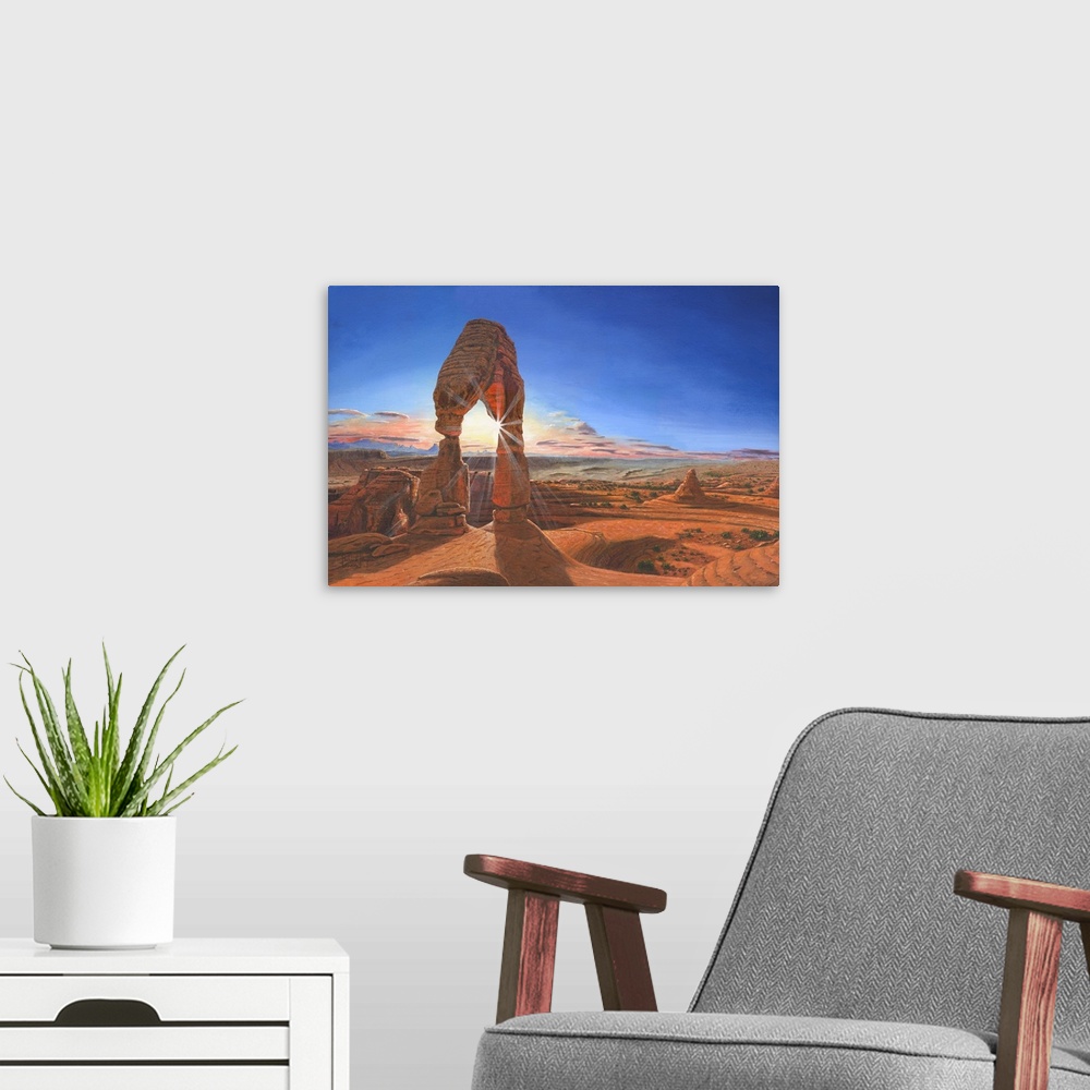 A modern room featuring Contemporary artwork of a delicate looking natural rock arch overlooking a desert vista.