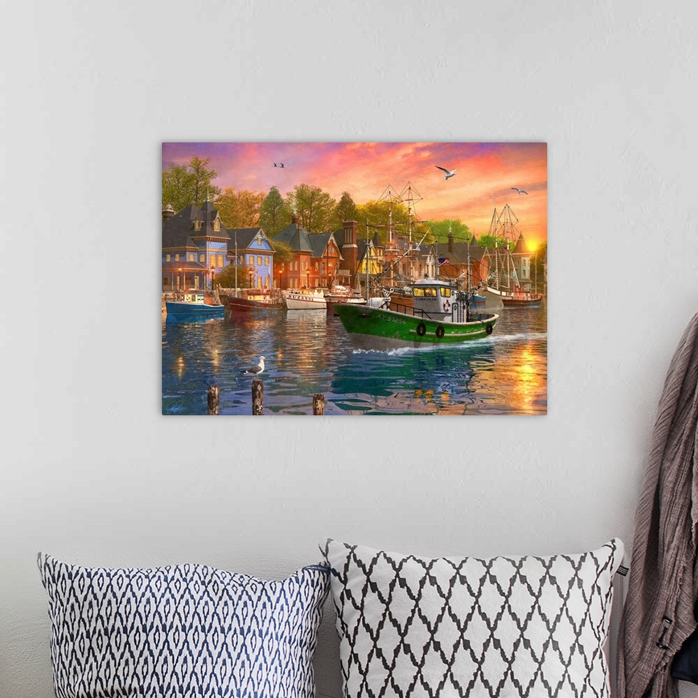 A bohemian room featuring Illustration of a fishing trawler arriving in the harbor at sunset.