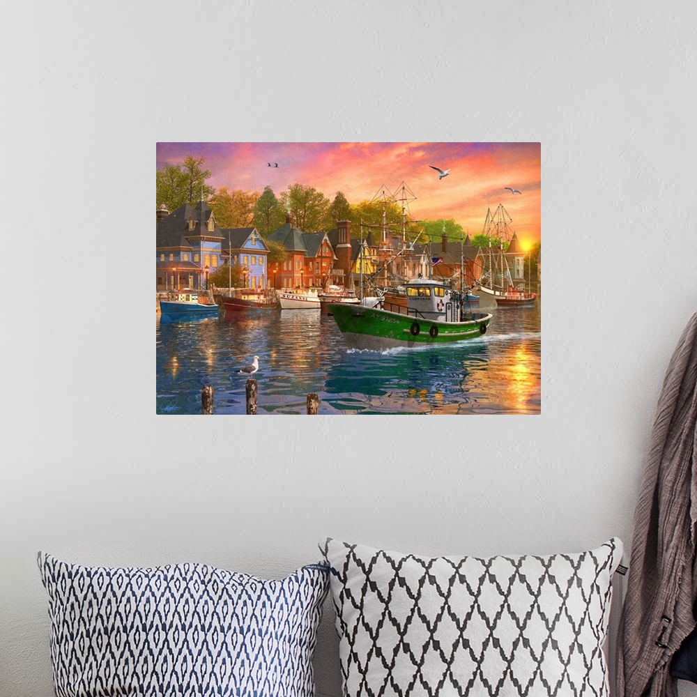 A bohemian room featuring Illustration of a fishing trawler arriving in the harbor at sunset.