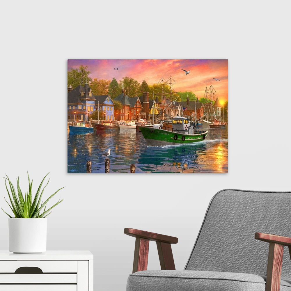 A modern room featuring Illustration of a fishing trawler arriving in the harbor at sunset.