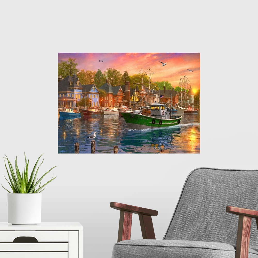 A modern room featuring Illustration of a fishing trawler arriving in the harbor at sunset.