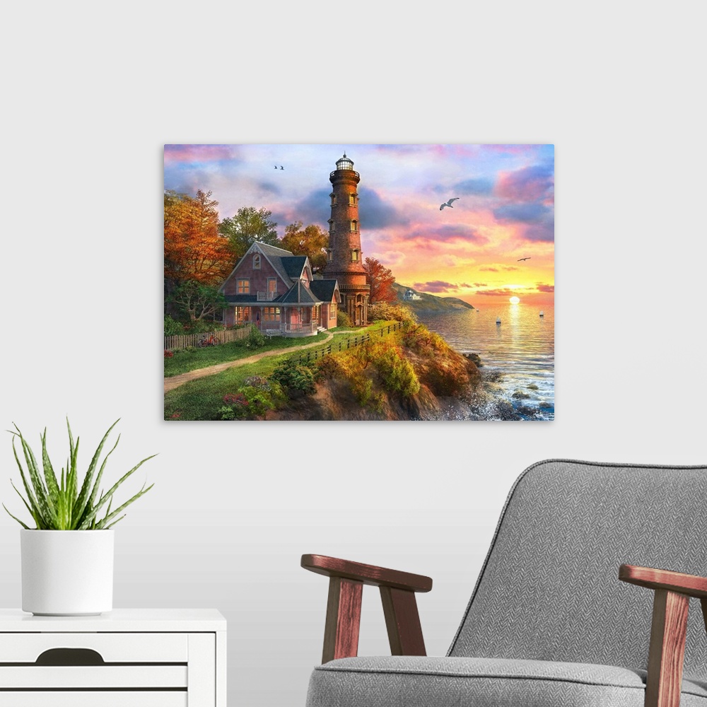 A modern room featuring Illustration of the lighthouse overlooking an ocean at sunset.