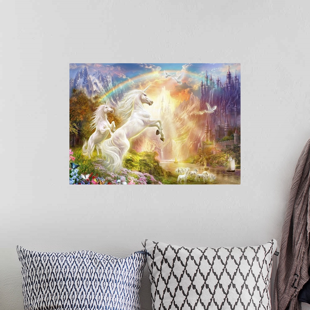 A bohemian room featuring Landscape, large fantasy art of two unicorns beneath a rainbow, rearing up over a hillside, looki...