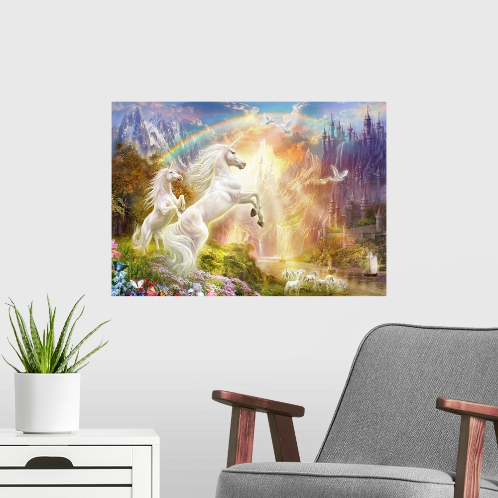 A modern room featuring Landscape, large fantasy art of two unicorns beneath a rainbow, rearing up over a hillside, looki...