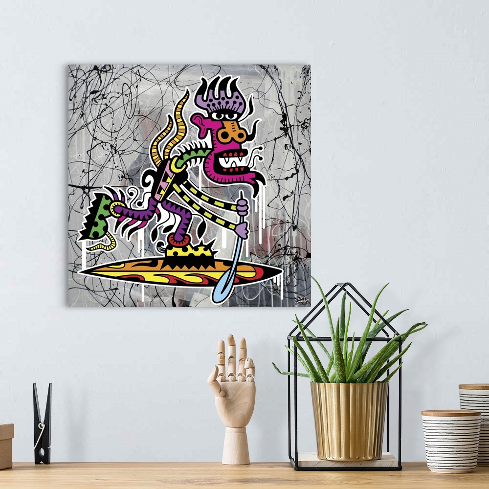 A bohemian room featuring Contemporary painting of a colorful and decorative monster paddle boarding, against an abstract b...