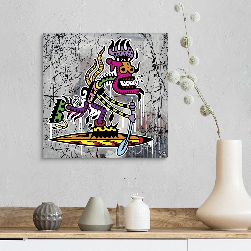 A farmhouse room featuring Contemporary painting of a colorful and decorative monster paddle boarding, against an abstract b...