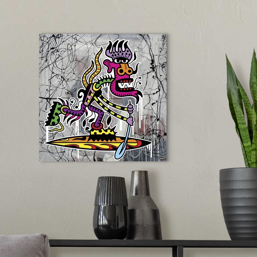 A modern room featuring Contemporary painting of a colorful and decorative monster paddle boarding, against an abstract b...