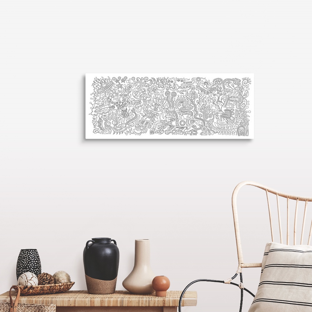 A farmhouse room featuring Black and white line art of an abstract mural.