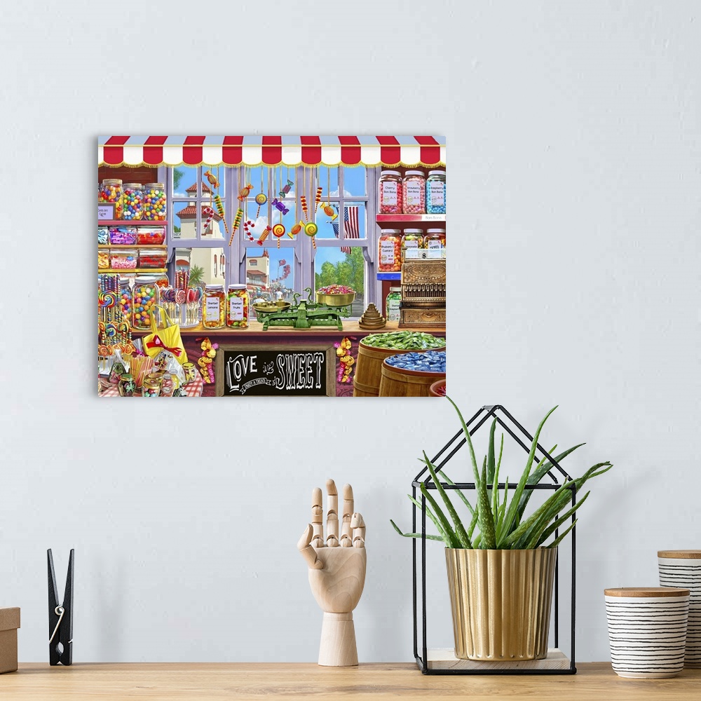 A bohemian room featuring Portrayal of a sweetshop with a window view looking ot on to an American boulevard. Lots of sweet...
