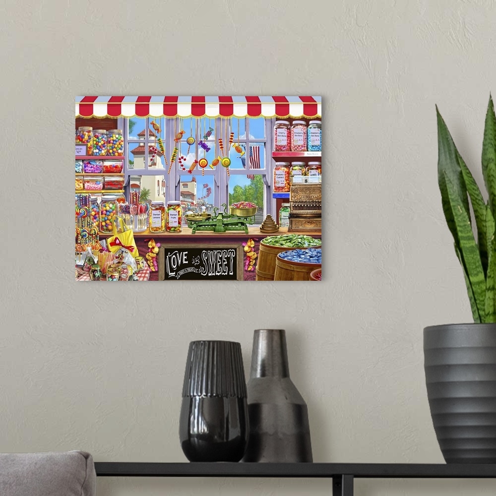 A modern room featuring Portrayal of a sweetshop with a window view looking ot on to an American boulevard. Lots of sweet...