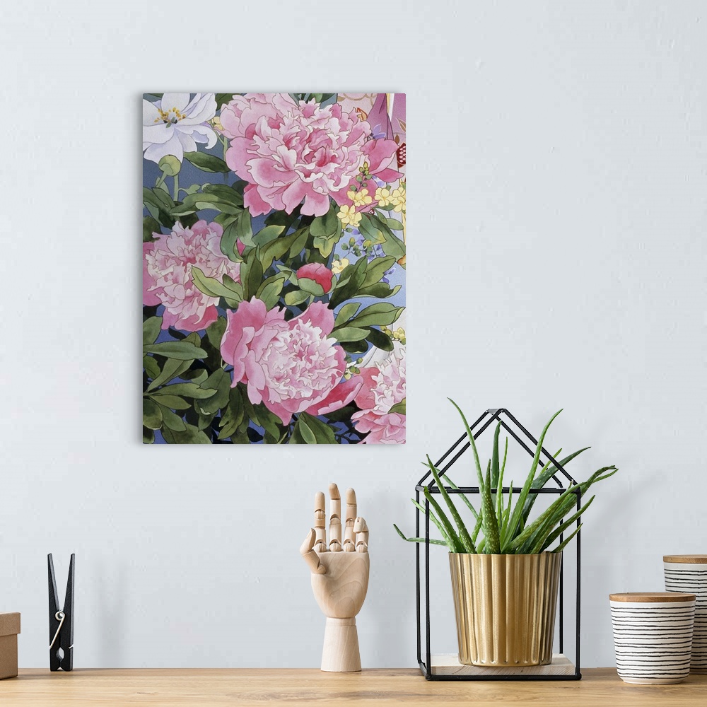 A bohemian room featuring Contemporary colorful and lavish looking Asian artwork of beautiful pink flowers.