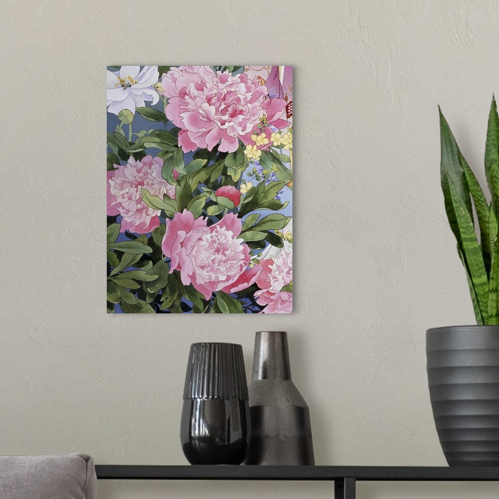 A modern room featuring Contemporary colorful and lavish looking Asian artwork of beautiful pink flowers.