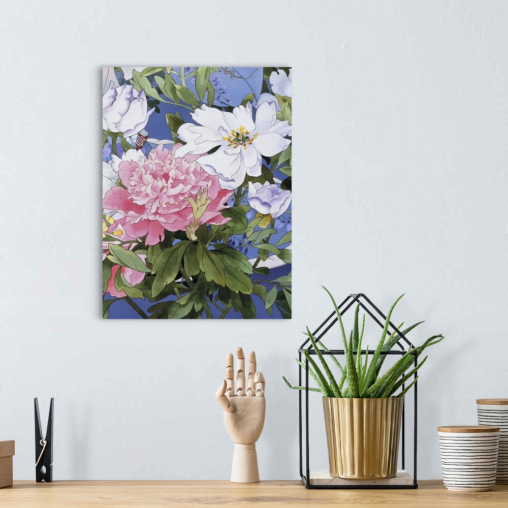 A bohemian room featuring Contemporary colorful and lavish looking Asian artwork of beautiful pink and white flowers.
