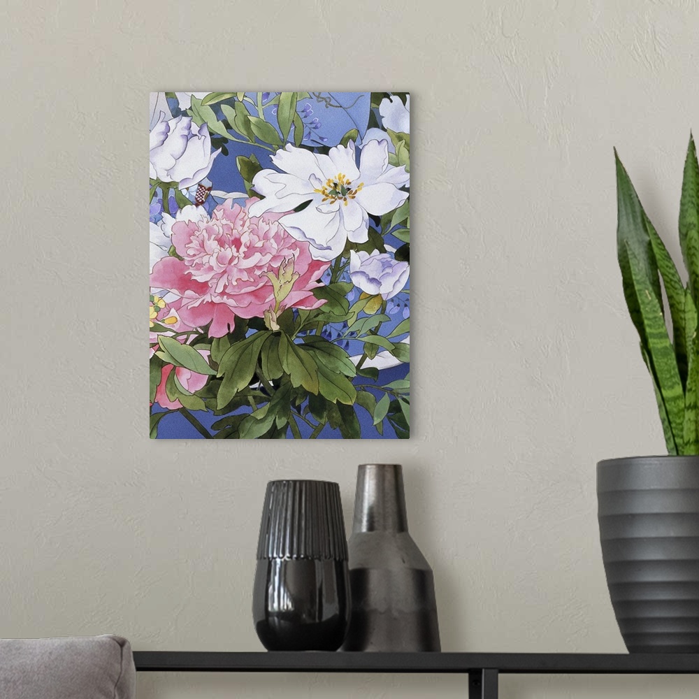 A modern room featuring Contemporary colorful and lavish looking Asian artwork of beautiful pink and white flowers.