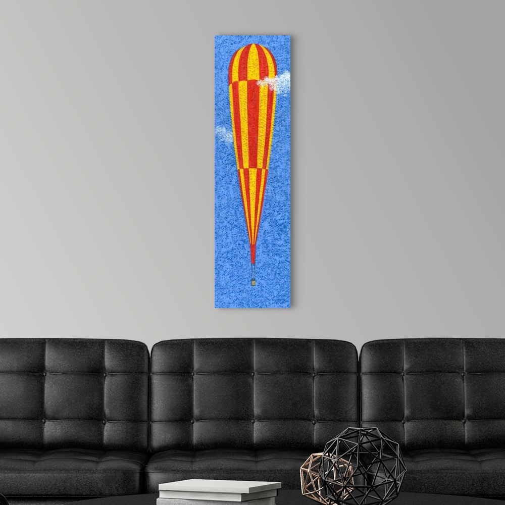 A modern room featuring Contemporary painting of a tall yellow and red striped hot air balloon against a blue sky.