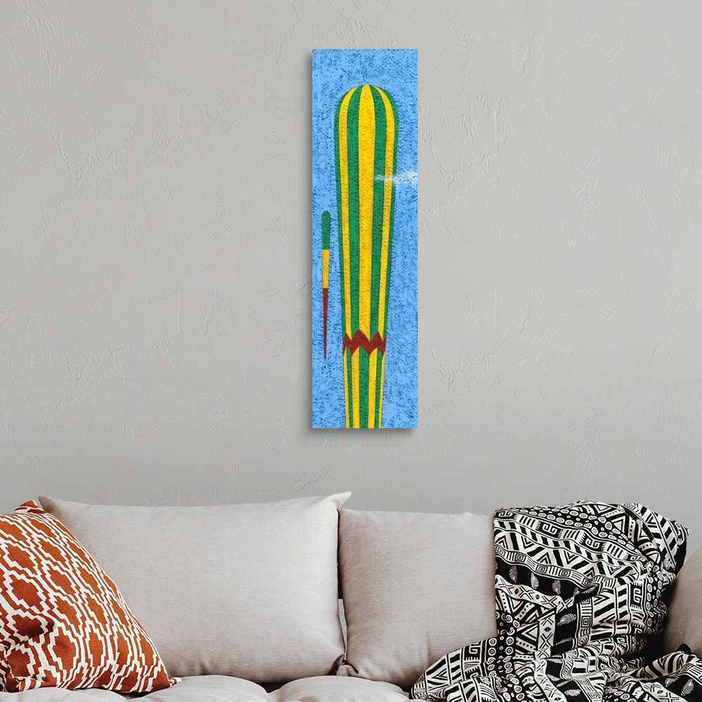 A bohemian room featuring Contemporary painting of a tall yellow and green striped hot air balloon against a blue sky.
