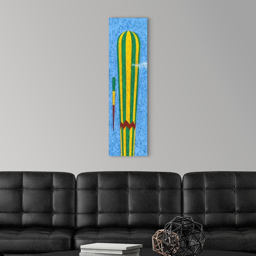 A modern room featuring Contemporary painting of a tall yellow and green striped hot air balloon against a blue sky.