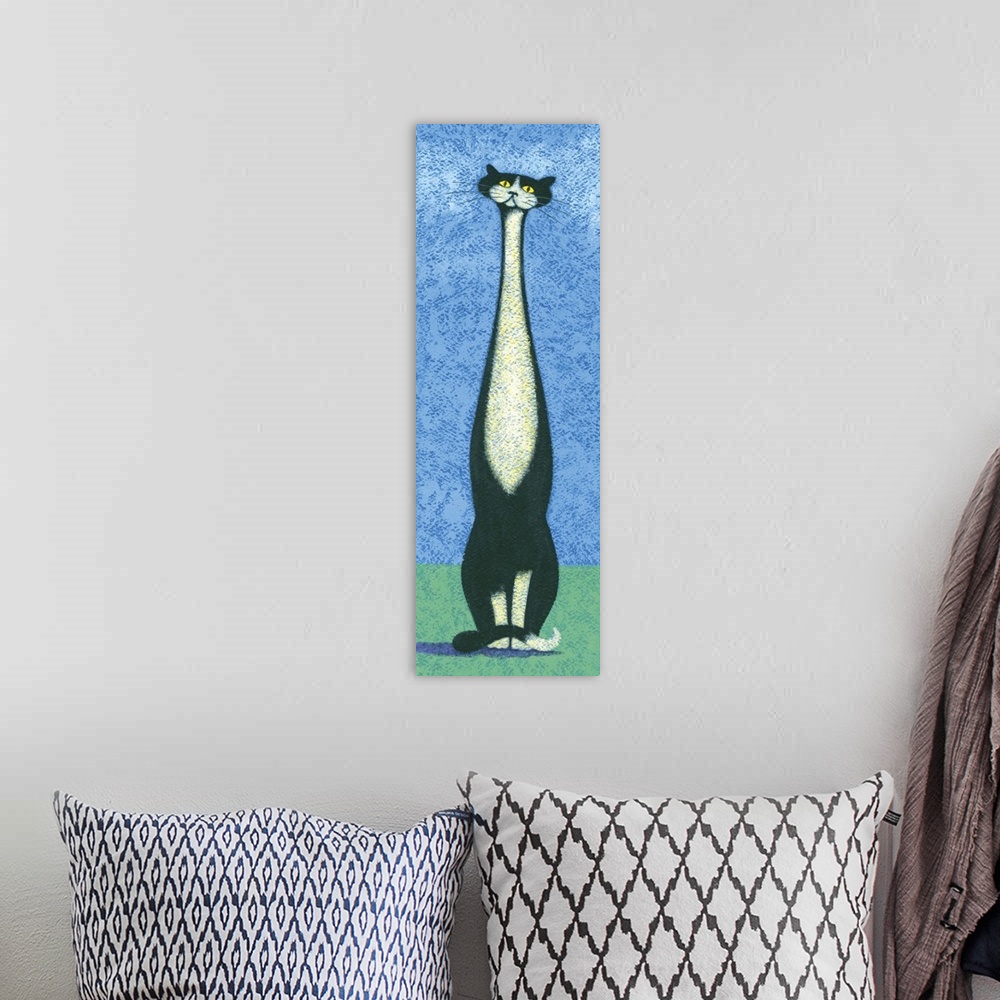 A bohemian room featuring Contemporary painting of a tall black and white cat sitting on a green surface against a blue bac...