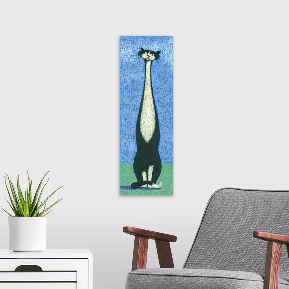 A modern room featuring Contemporary painting of a tall black and white cat sitting on a green surface against a blue bac...