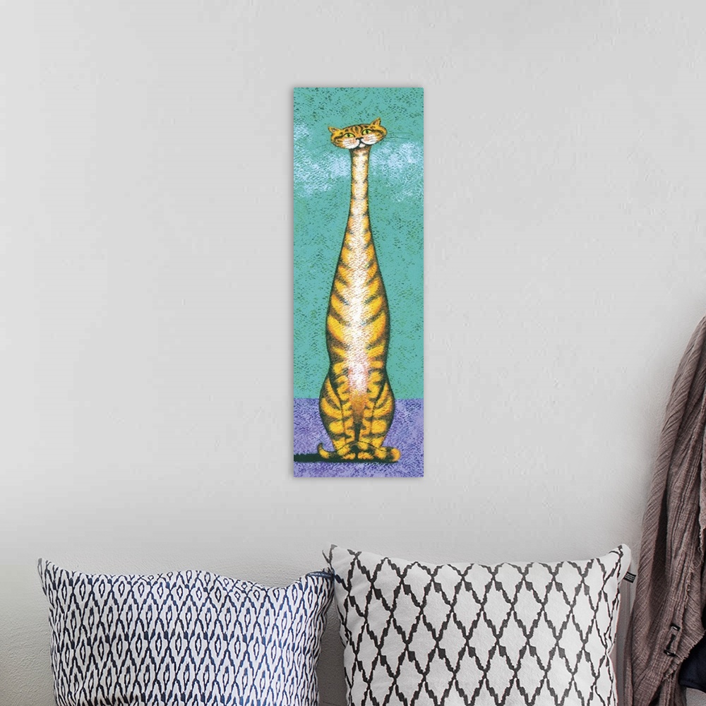 A bohemian room featuring Contemporary painting of a tall orange and yellow striped cat sitting on a purple surface against...