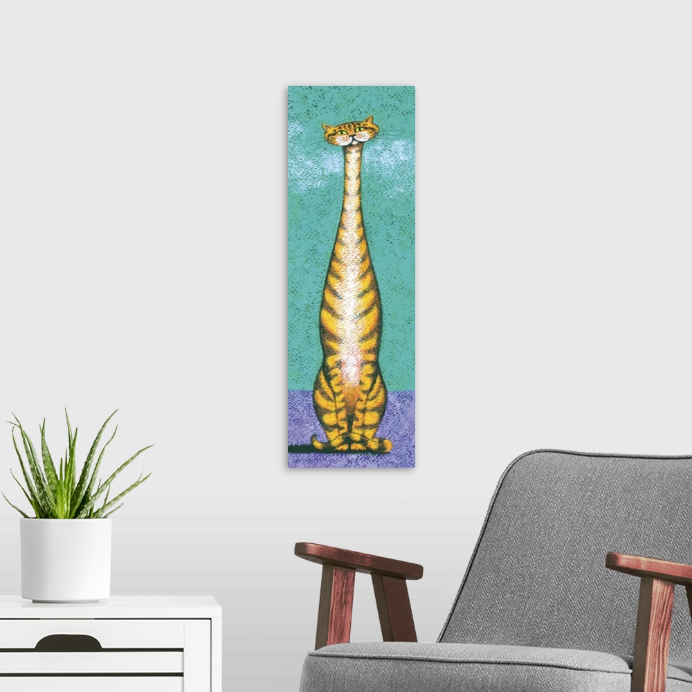 A modern room featuring Contemporary painting of a tall orange and yellow striped cat sitting on a purple surface against...