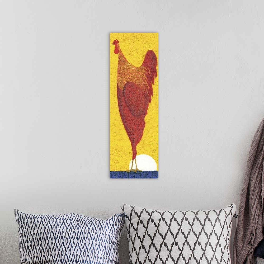 A bohemian room featuring Contemporary painting of a tall red chicken standing on a blue surface against a bright yellow sk...