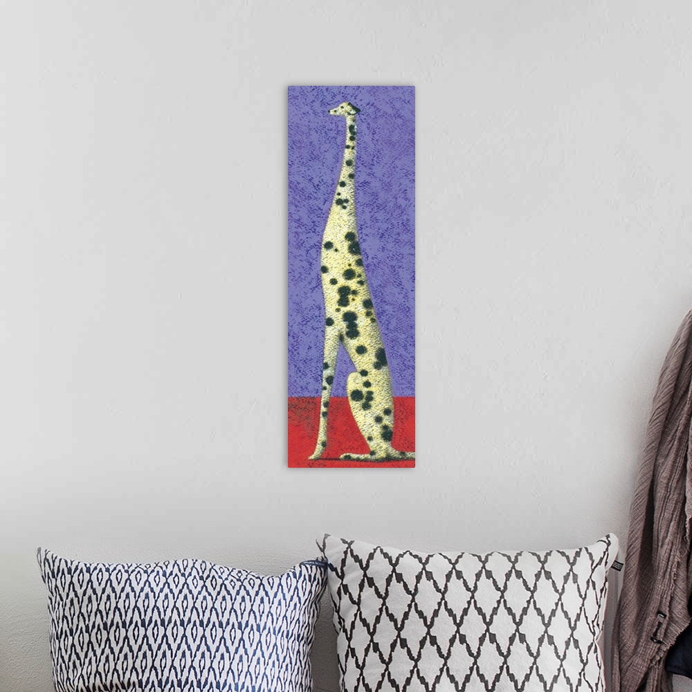 A bohemian room featuring Contemporary painting of a tall dalmatian sitting on a red surface against a purple background.
