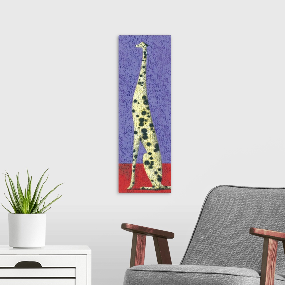 A modern room featuring Contemporary painting of a tall dalmatian sitting on a red surface against a purple background.