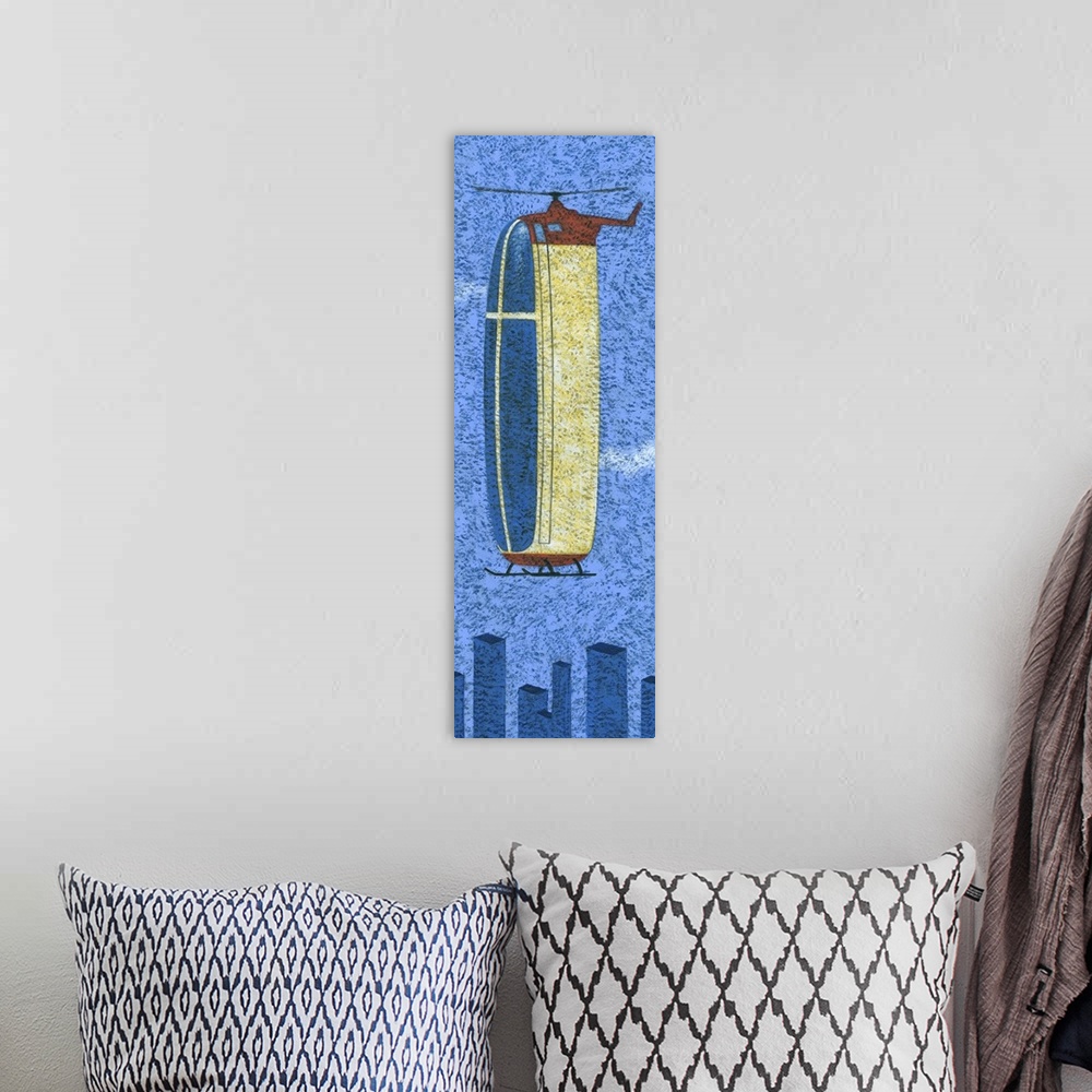 A bohemian room featuring Contemporary painting of a tall helicopter against a blue sky with buildings at the bottom of the...