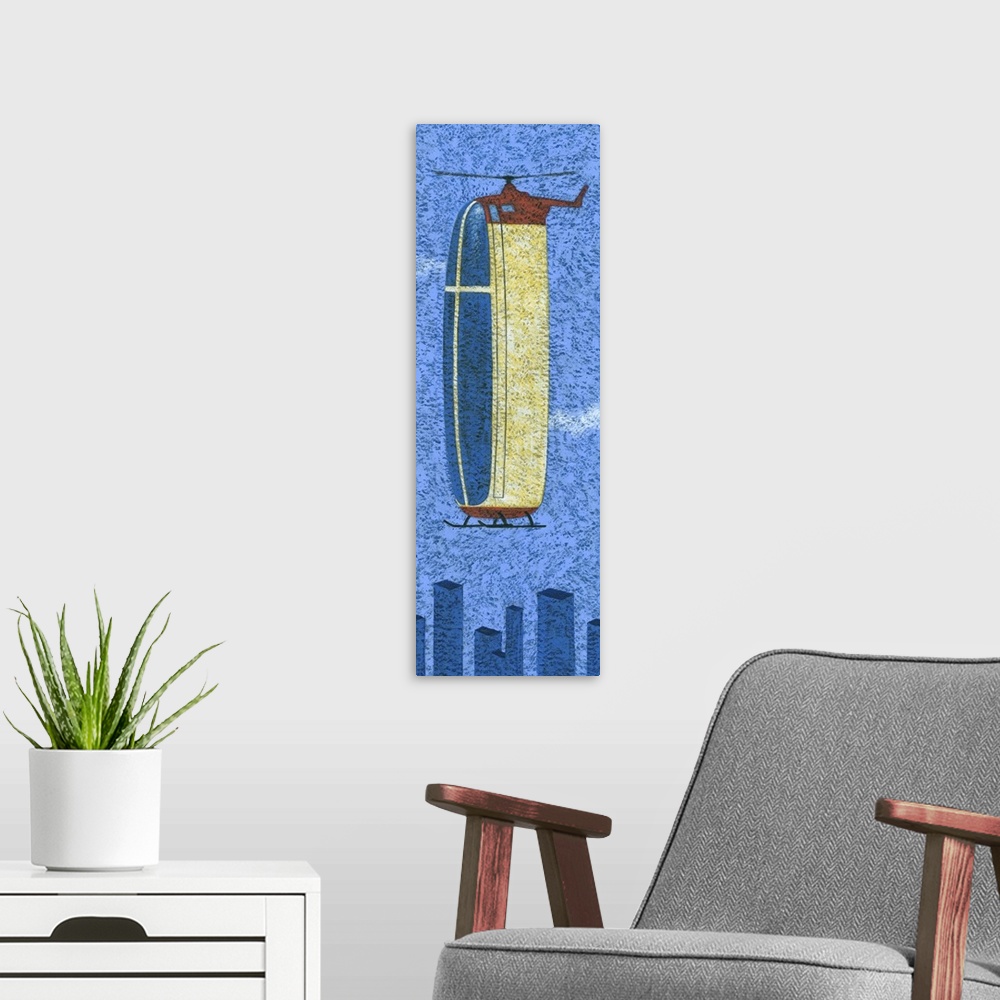 A modern room featuring Contemporary painting of a tall helicopter against a blue sky with buildings at the bottom of the...