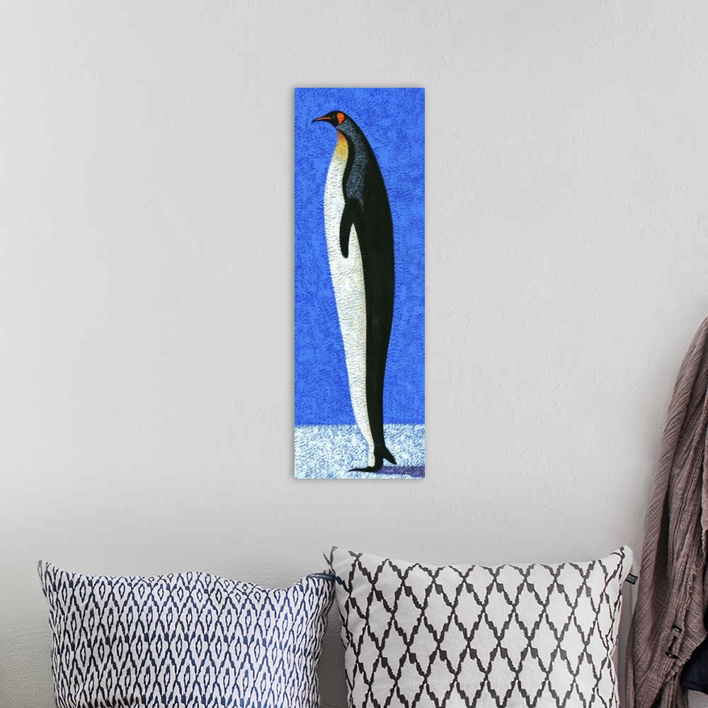 A bohemian room featuring Contemporary painting of a tall penguin standing on a white surface against a blue background.