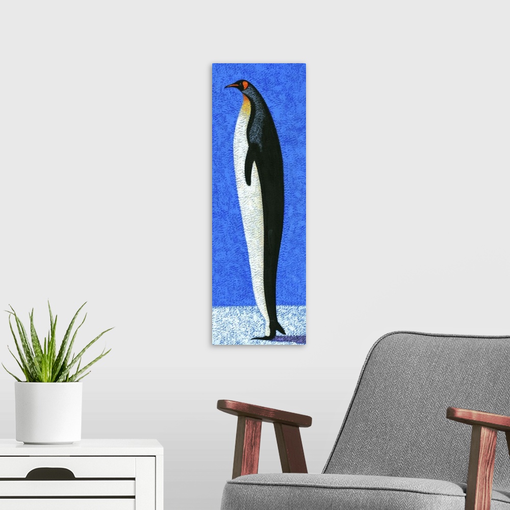 A modern room featuring Contemporary painting of a tall penguin standing on a white surface against a blue background.