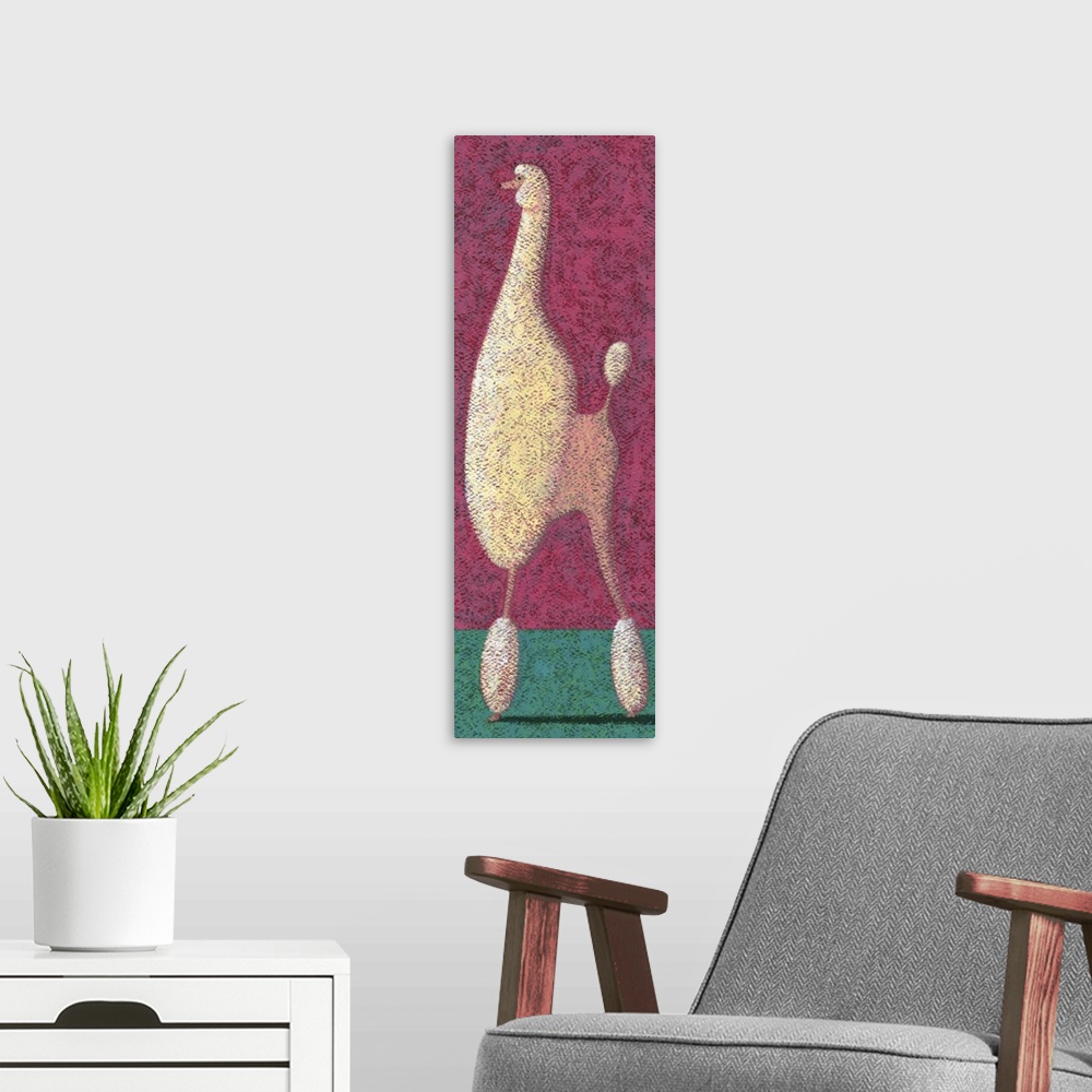 A modern room featuring Contemporary painting of a tall poodle standing on a green surface against a pink background.