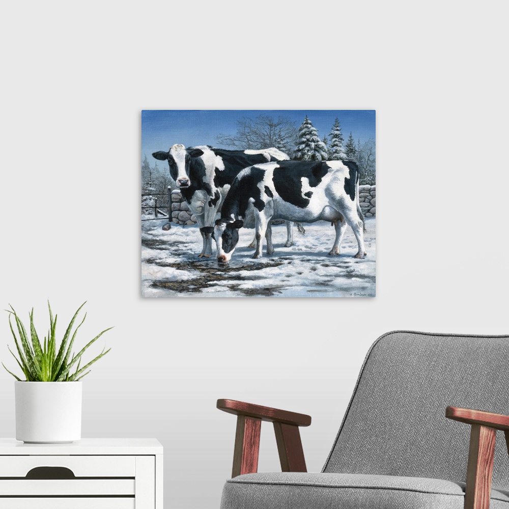 A modern room featuring Contemporary painting of cows standing in a paddock in the winter.