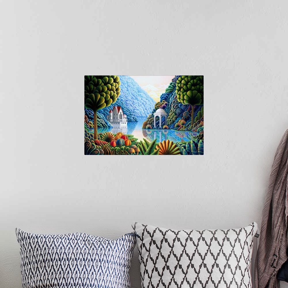 A bohemian room featuring Contemporary painting of a house and pavilion on lake surrounded by lush mountainous greenery.