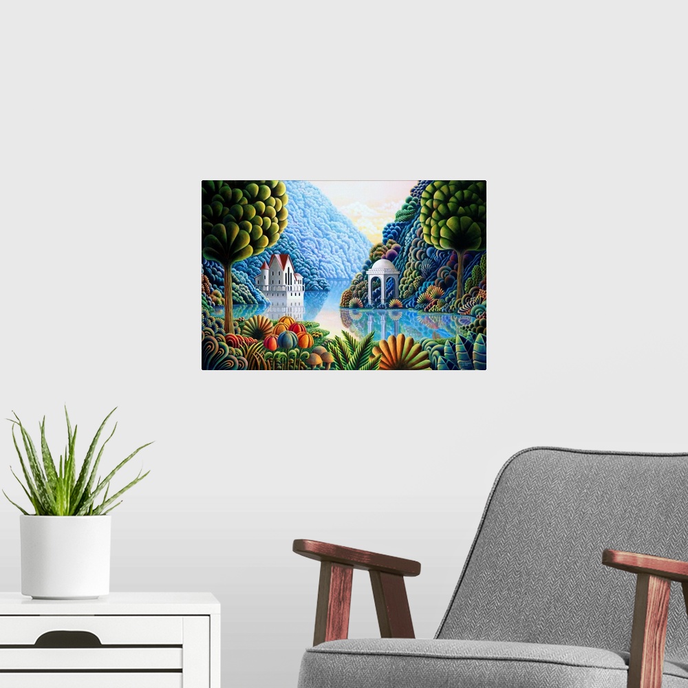A modern room featuring Contemporary painting of a house and pavilion on lake surrounded by lush mountainous greenery.