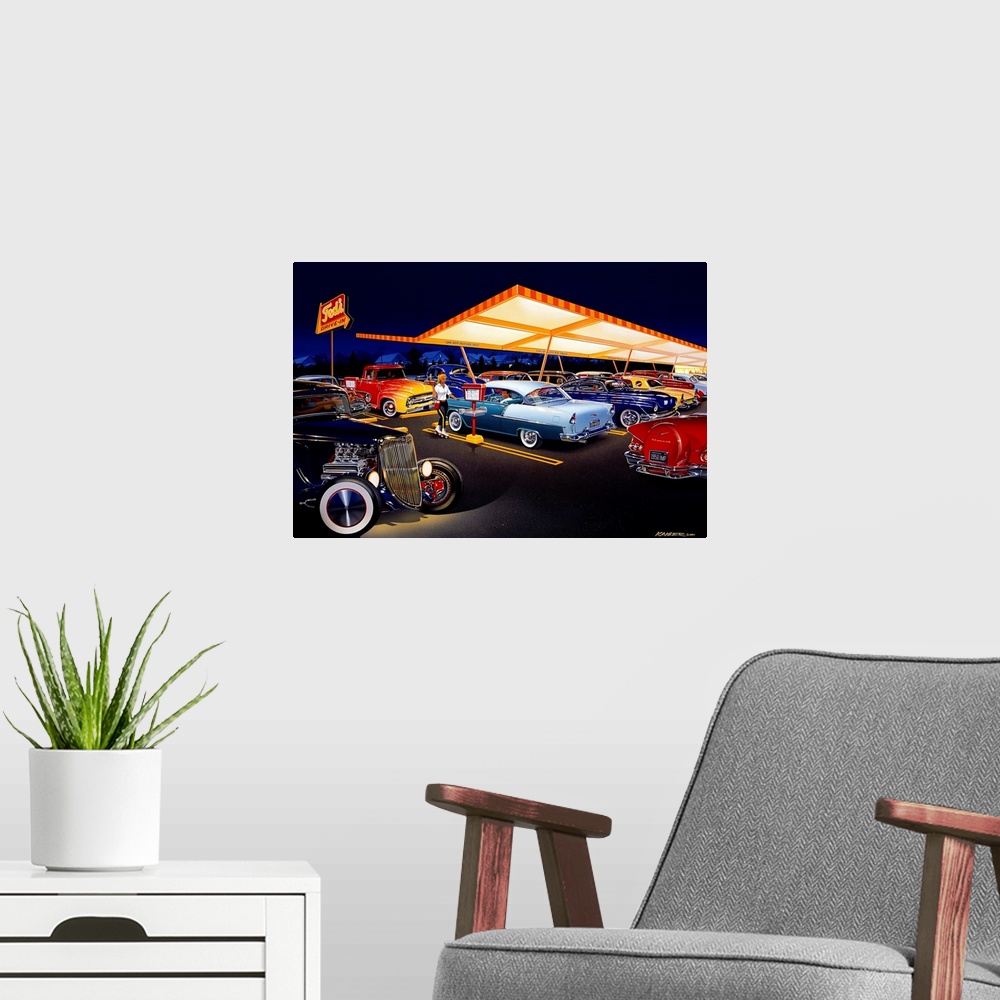 A modern room featuring Landscape, large wall art of an early 60s drive-in at night, with a car hop. Many classic cars ar...
